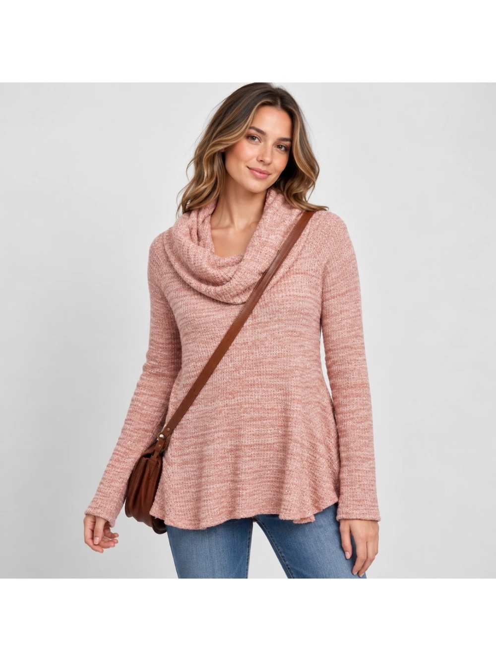 Anthropologie Postmark Cowl Neck Sweater Size L Pink Marled Waffle Knit Peplum